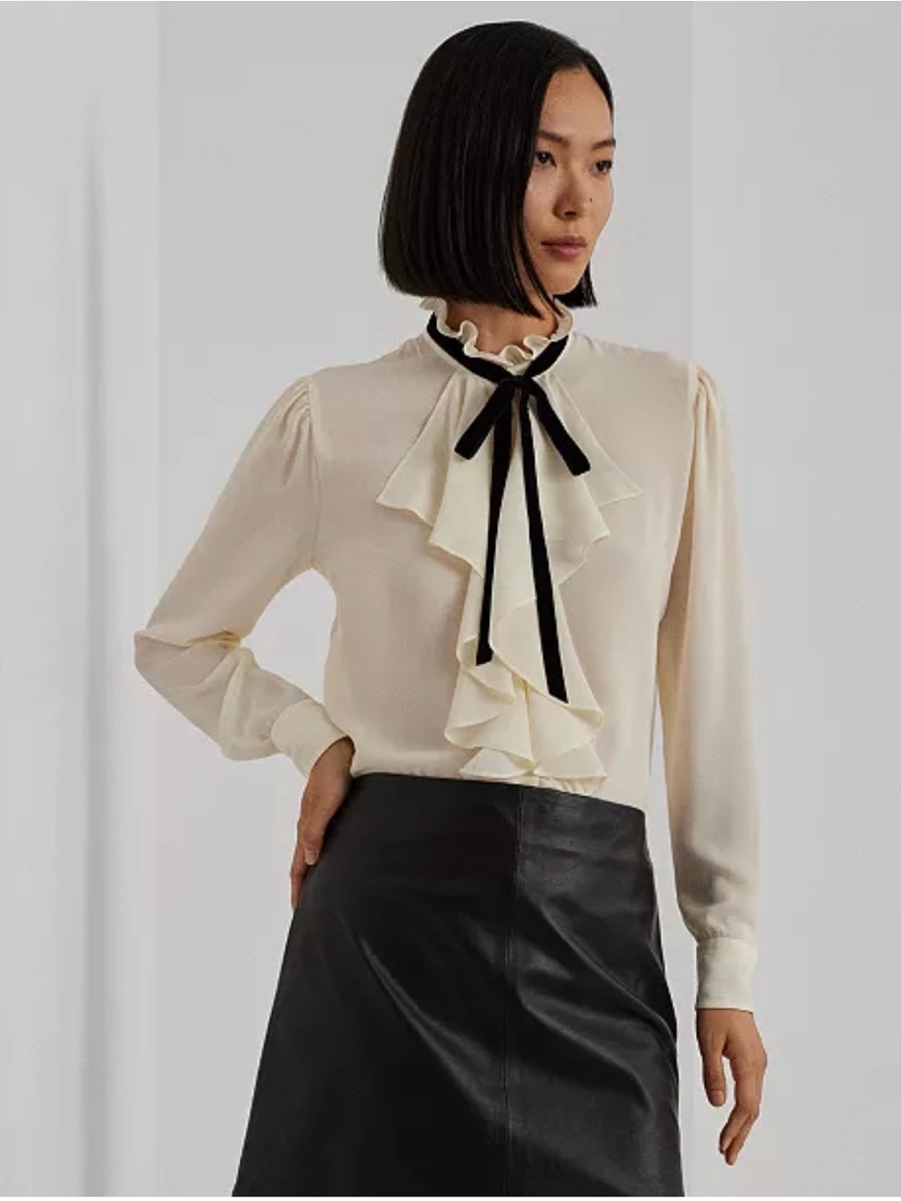 Lauren Ralph Lauren Velvet Tie Neck Ruffle Georgette Blouse Ivory L Classic